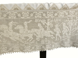Medieval Hunt Antique Italian Buratto Lace Tablecloth 64x108"