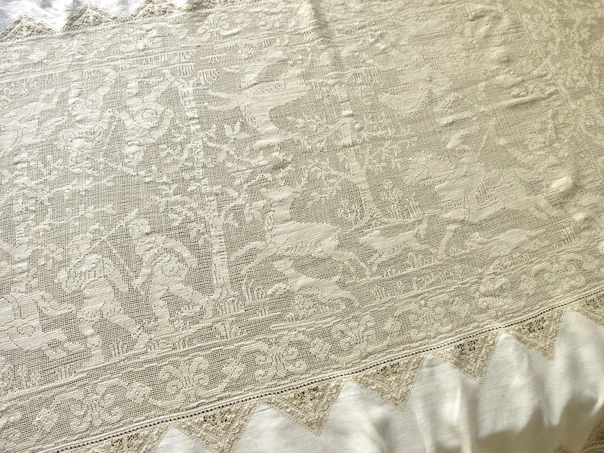 Medieval Hunt Antique Italian Buratto Lace Tablecloth 64x108