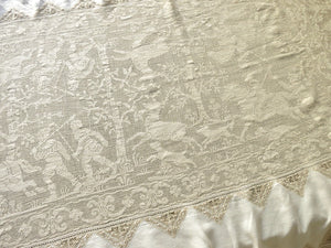 Medieval Hunt Antique Italian Buratto Lace Tablecloth 64x108"