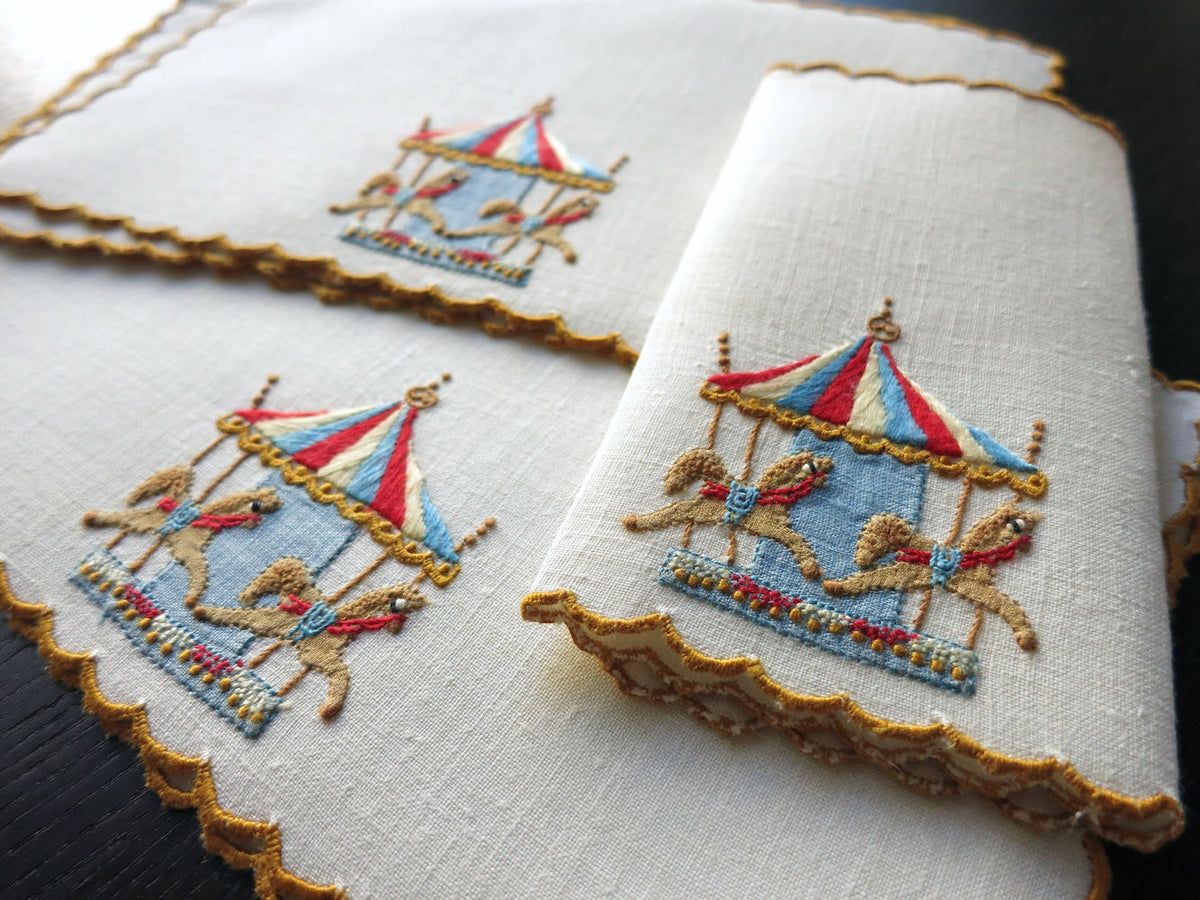 Carousel Horses Vintage Madeira Linen Cocktail Napkins, Set of 8