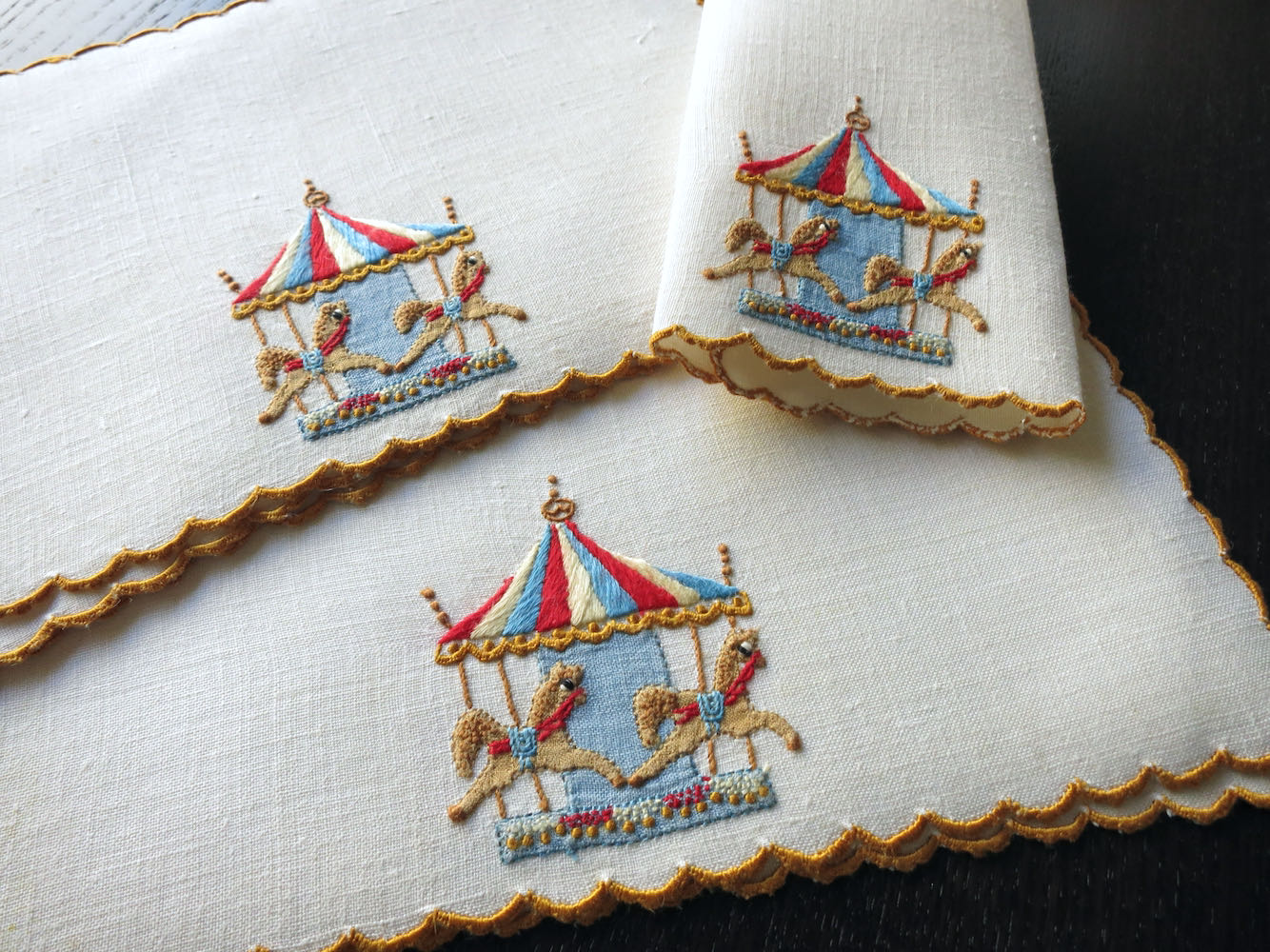 Carousel Horses Vintage Madeira Linen Cocktail Napkins, Set of 8