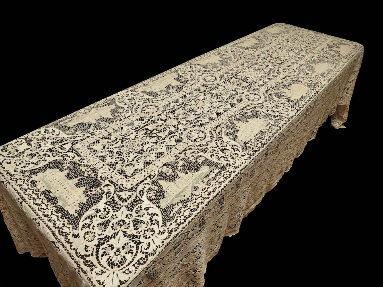 Castles Antique French Needle Lace Tablecloth 72x144
