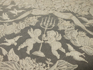 Cherubs Vintage French Alencon Lace Tablecloth 66x132