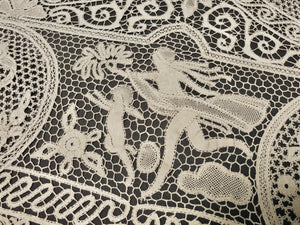 Dancers & Cherubs Antique Bobbin Lace Tablecloth 72x126