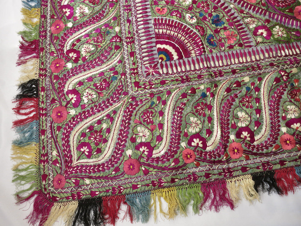 Antique Delhi Work Embroidered Textile Shawl Bedcover Wall Hanging 72x74&quot;