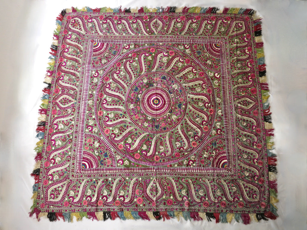 Antique Delhi Work Embroidered Textile Shawl Bedcover Wall Hanging 72x74"