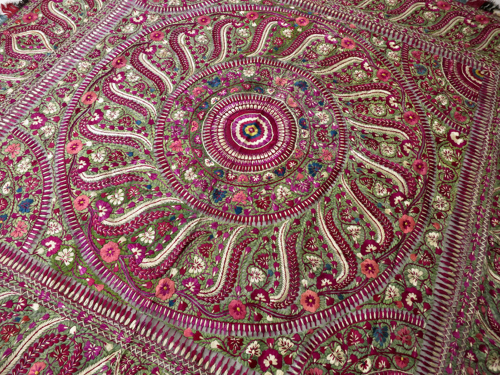 Antique Delhi Work Embroidered Textile Shawl Bedcover Wall Hanging 72x74