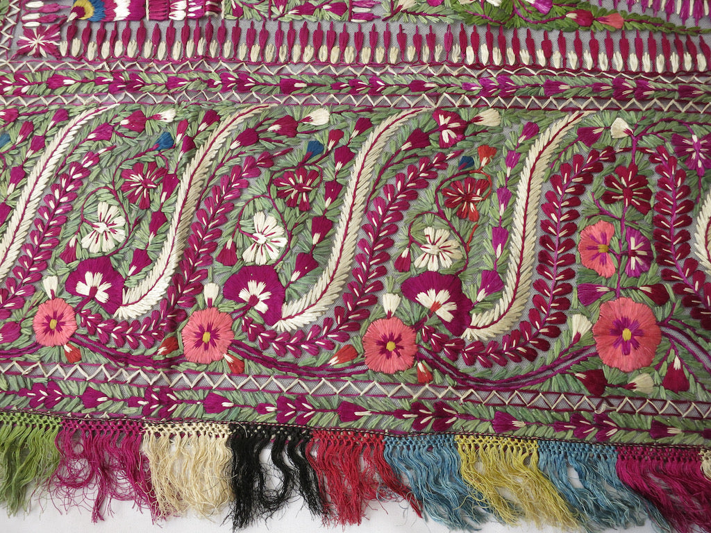 Antique Delhi Work Embroidered Textile Shawl Bedcover Wall Hanging 72x74