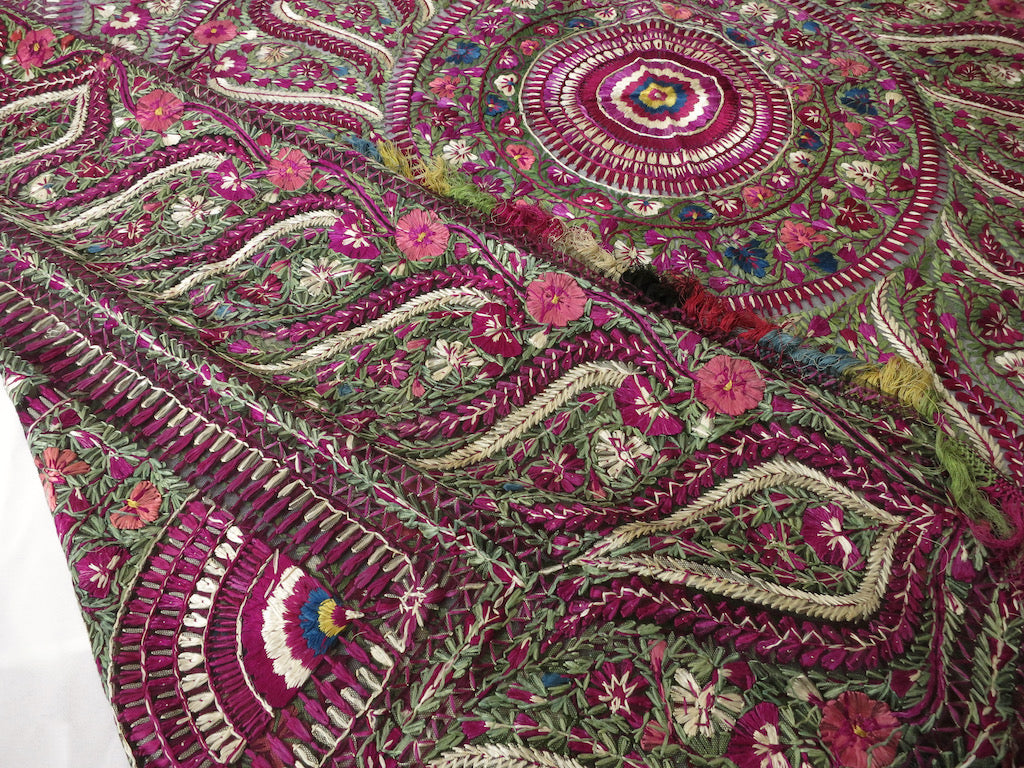 Antique Delhi Work Embroidered Textile Shawl Bedcover Wall Hanging 72x74