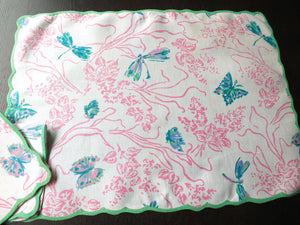 Dragonflies Vintage D Porthault Flax Linen 3pc Breakfast Set