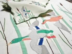 Mallards Over the Marsh Vintage Madeira Tablecloth & 12 Napkins 78x116
