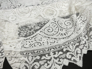 Edwardian Vintage Lace & Linen Round Tablecloth 72"