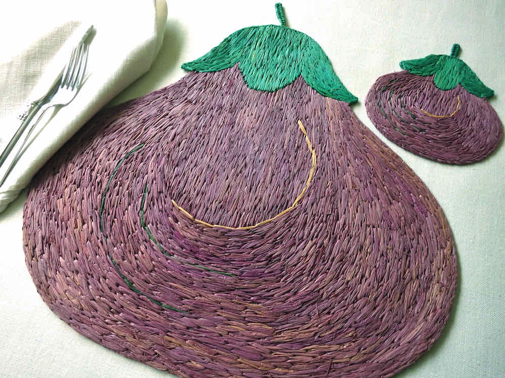 Eggplants Vintage Rapisardi Italian 12pc Raffia Placemats & Coasters Set for 6
