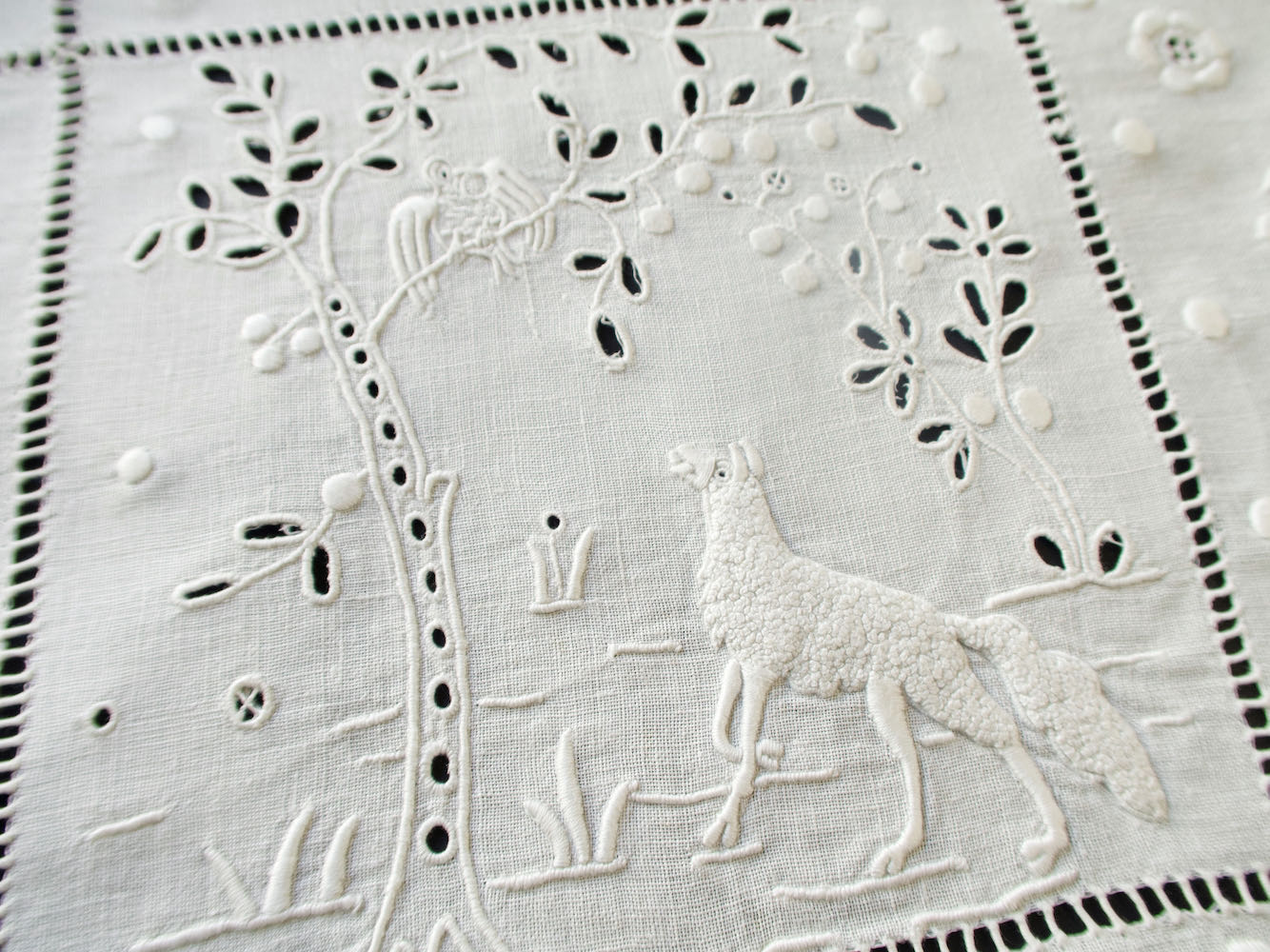 French Fables Antique French Whitework Embroidered Tablecloth