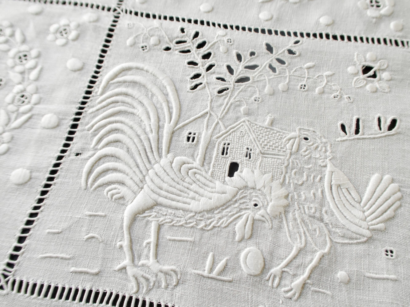 French Fables Antique French Whitework Embroidered Tablecloth