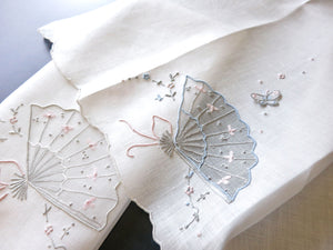 Fans & Butterflies Vintage Madeira Linen Guest Towels, Set of 2