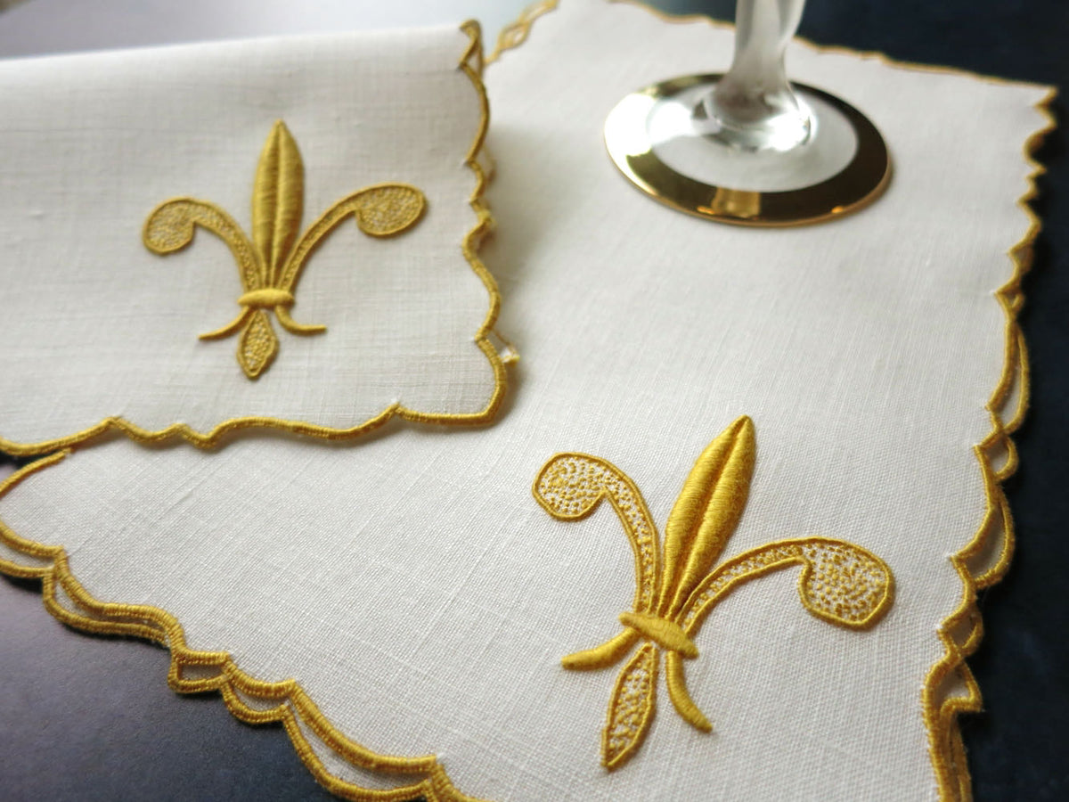 Fleur-De-Lis Vintage Madeira Linen Cocktail Napkins, Set of 8