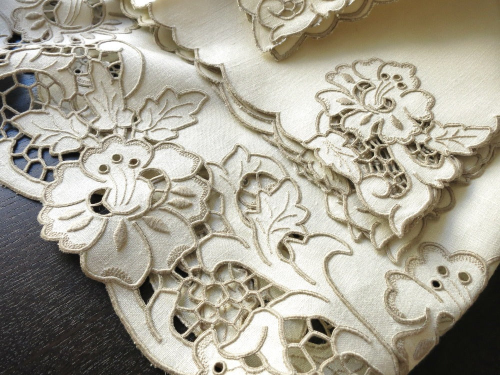 Flowers in Cutwork Vintage Madeira Linen Tablecloth 12 Napkins 68x100"