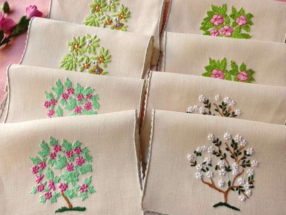 Flowering Trees Vintage Madeira Linen Cocktail Napkins - Set of 8