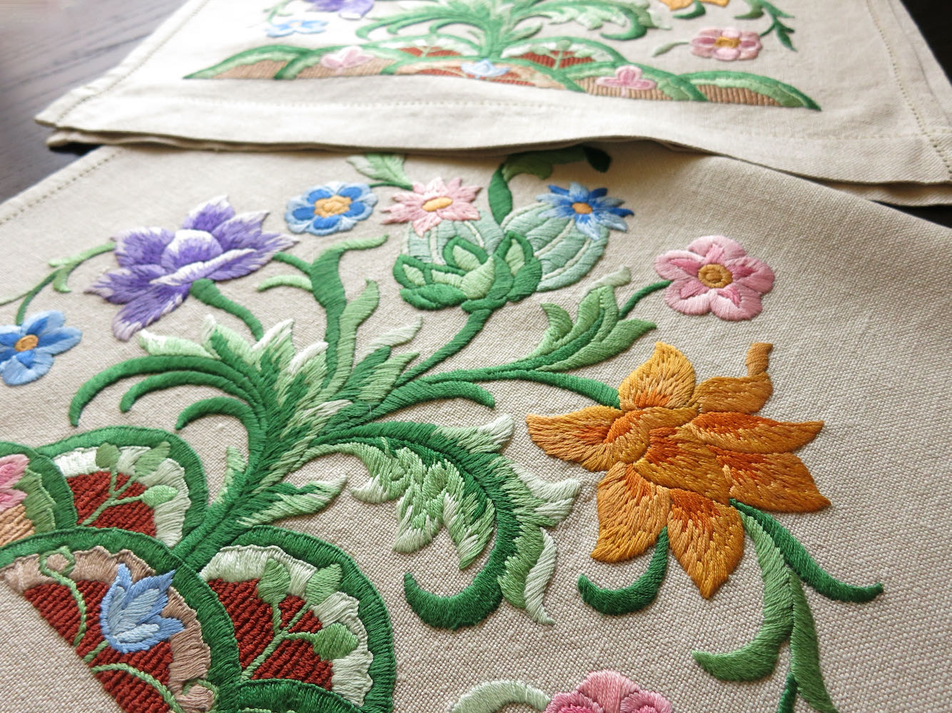 Vintage Jacobean Style Hand Embroidered Linen Towels