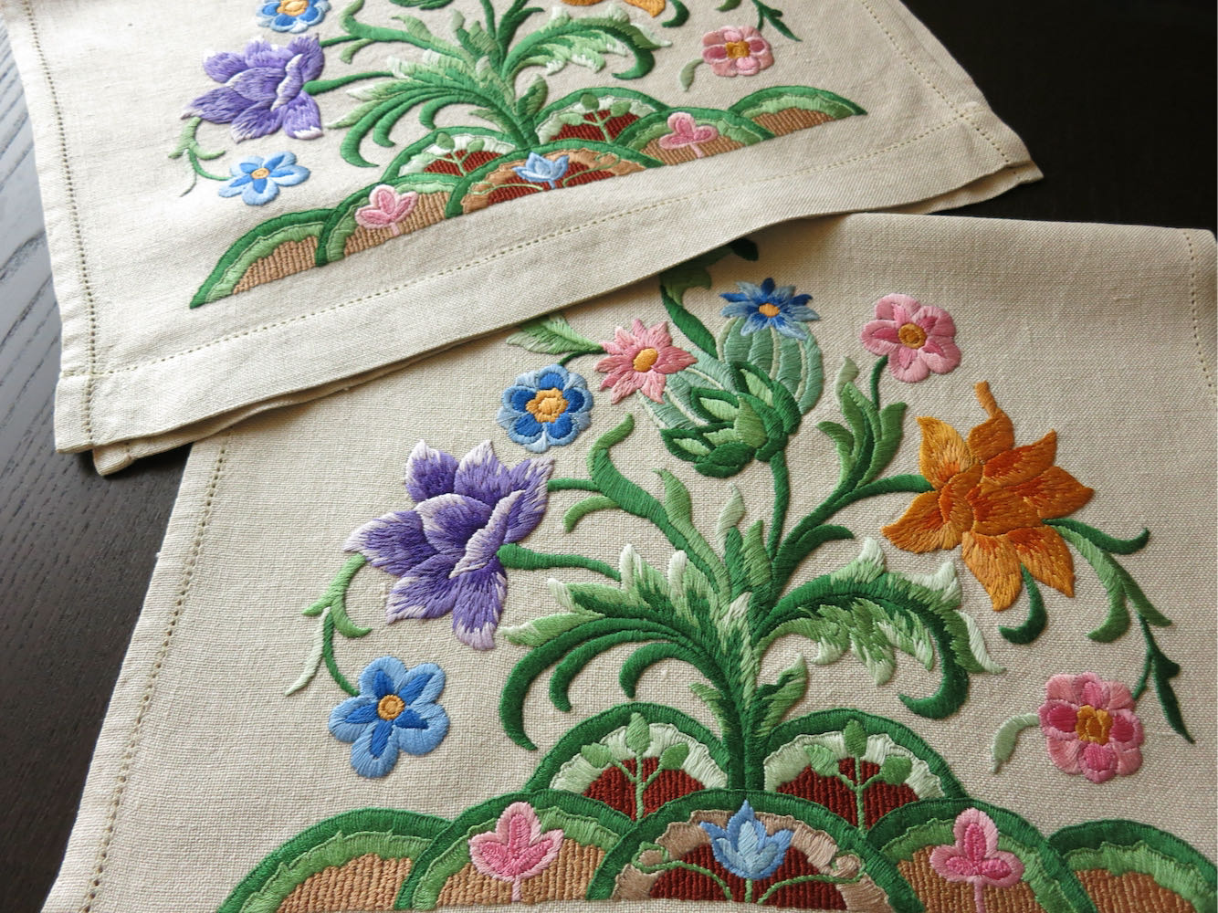 Vintage Jacobean Style Hand Embroidered Linen Towels