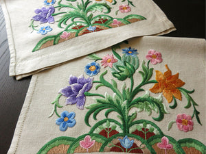 Vintage Jacobean Style Hand Embroidered Linen Towels