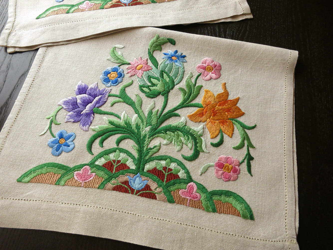 Vintage Jacobean Style Hand Embroidered Linen Towels