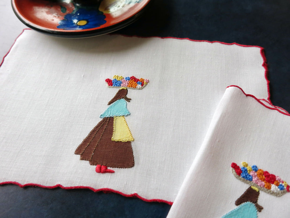 &quot;Flower Woman&quot; Vintage Marghab Linen Cocktail Napkins, Set of 6