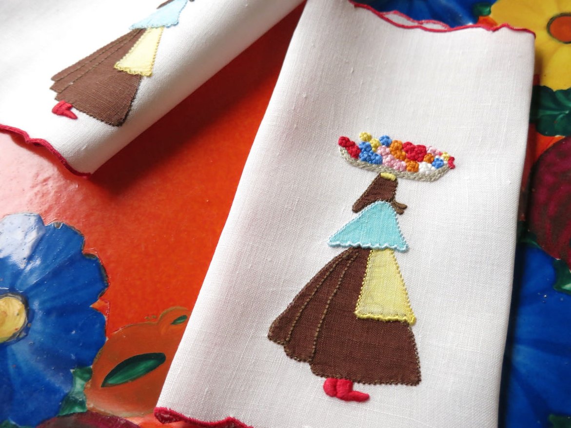 "Flower Woman" Vintage Marghab Linen Cocktail Napkins, Set of 6