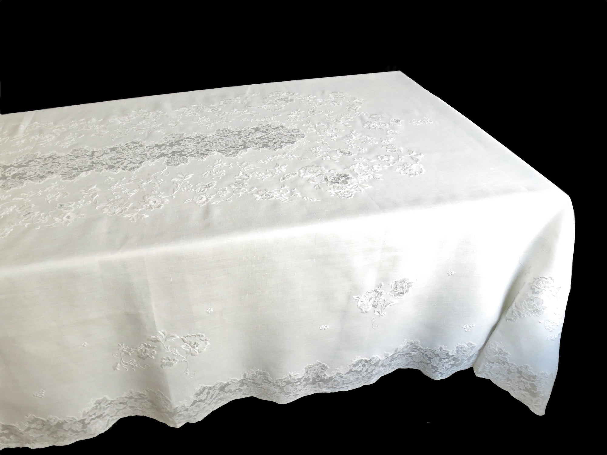 Antique French Linen & Lace Tablecloth 70x96", with 8 + 12 Napkins