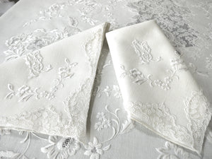Antique French Linen & Lace Tablecloth 70x96", with 8 + 12 Napkins
