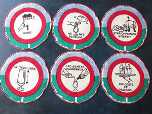 French Road Signs Vintage Linen Cocktail Rounds Napkins, Set of 6