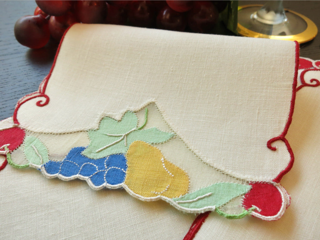 Colorful Fruits Vintage Madeira Embroidered Linen Cocktail Napkins ~ Set of 8