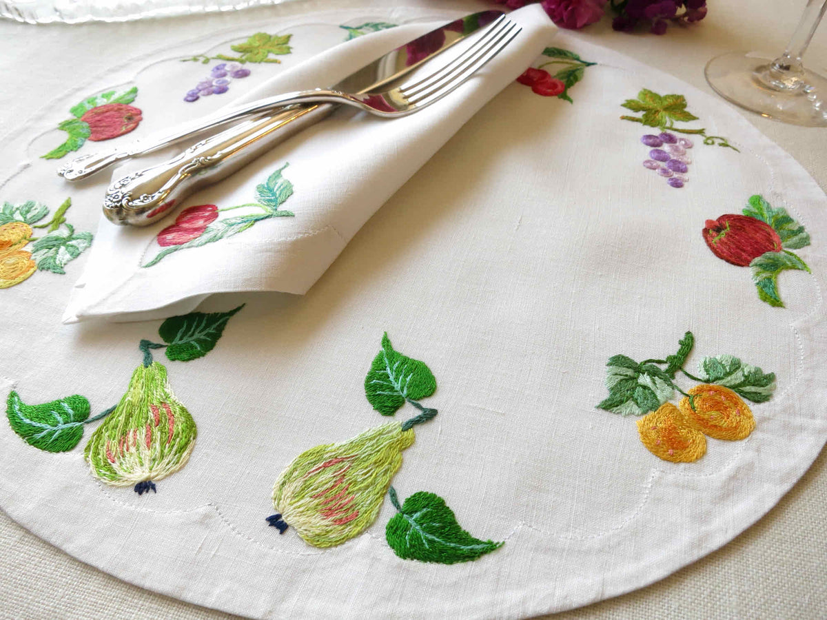 Colorful Fruits Vintage French Embroidered Linen Placemat Set for 10