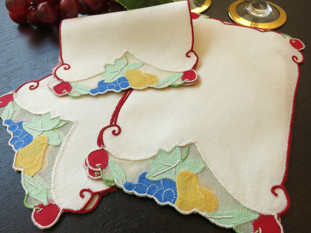 Colorful Fruits Vintage Madeira Embroidered Linen Cocktail Napkins ~ Set of 8
