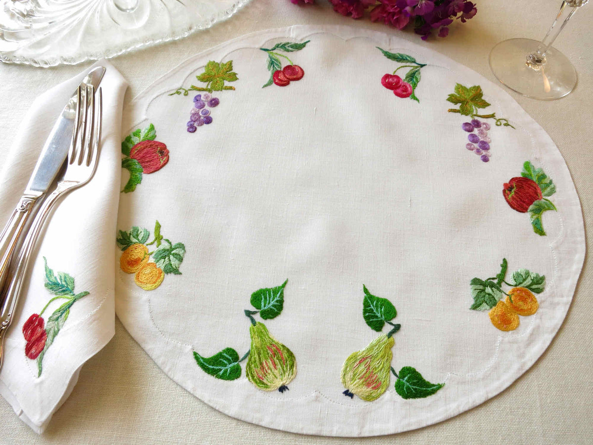Colorful Fruits Vintage French Embroidered Linen Placemat Set for 10