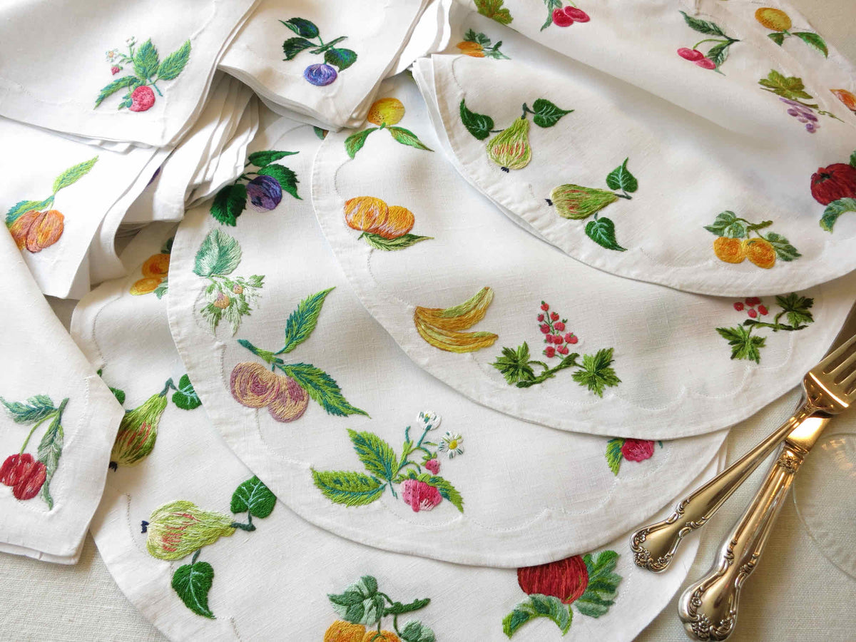Colorful Fruits Vintage French Embroidered Linen Placemat Set for 10