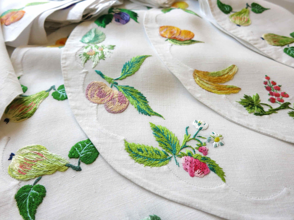 Colorful Fruits Vintage French Embroidered Linen Placemat Set for 10