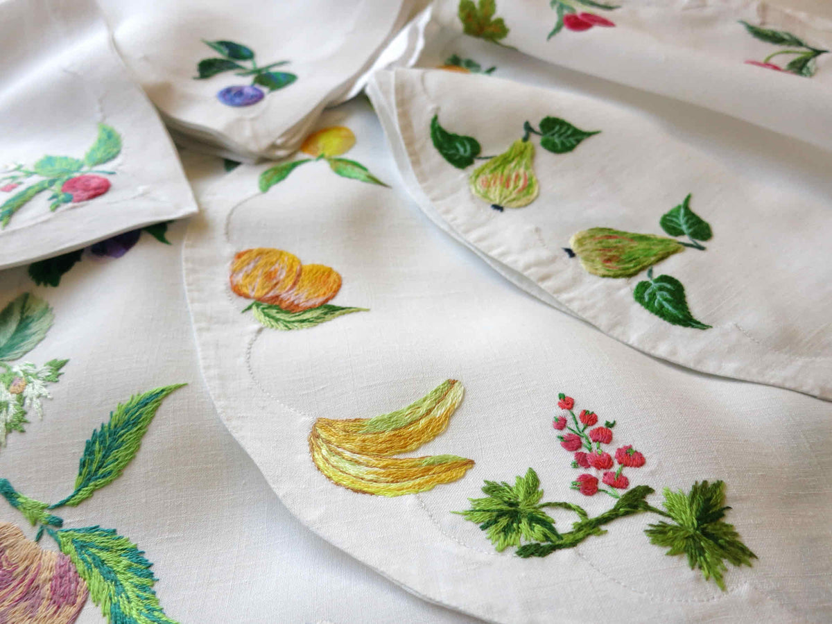 Colorful Fruits Vintage French Embroidered Linen Placemat Set for 10