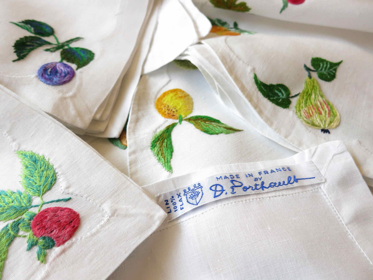 Colorful Fruits Vintage French Embroidered Linen Placemat Set for 10