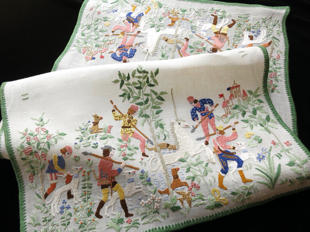 Unicorn Hunt Vintage Rapisardi Italian Embroidery Table Runner 15x32"
