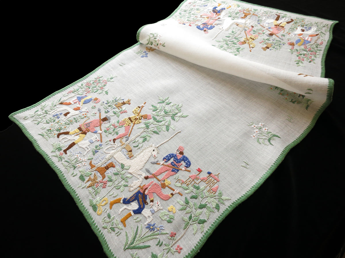 Unicorn Hunt Vintage Rapisardi Italian Embroidery Table Runner 15x32"