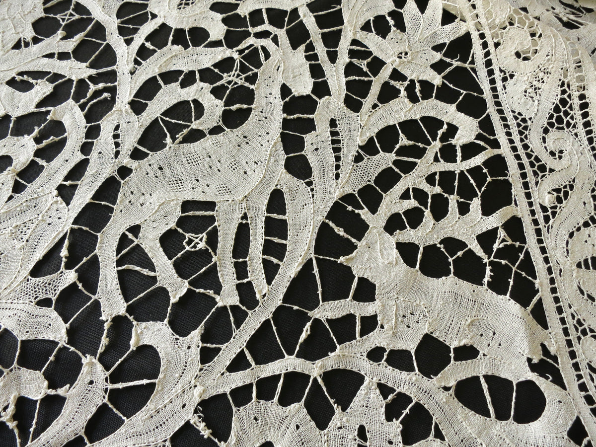 Antique Coverlet 19thC Bobbin Lace ~ Animals, Hunters &amp; Mythological Creatures