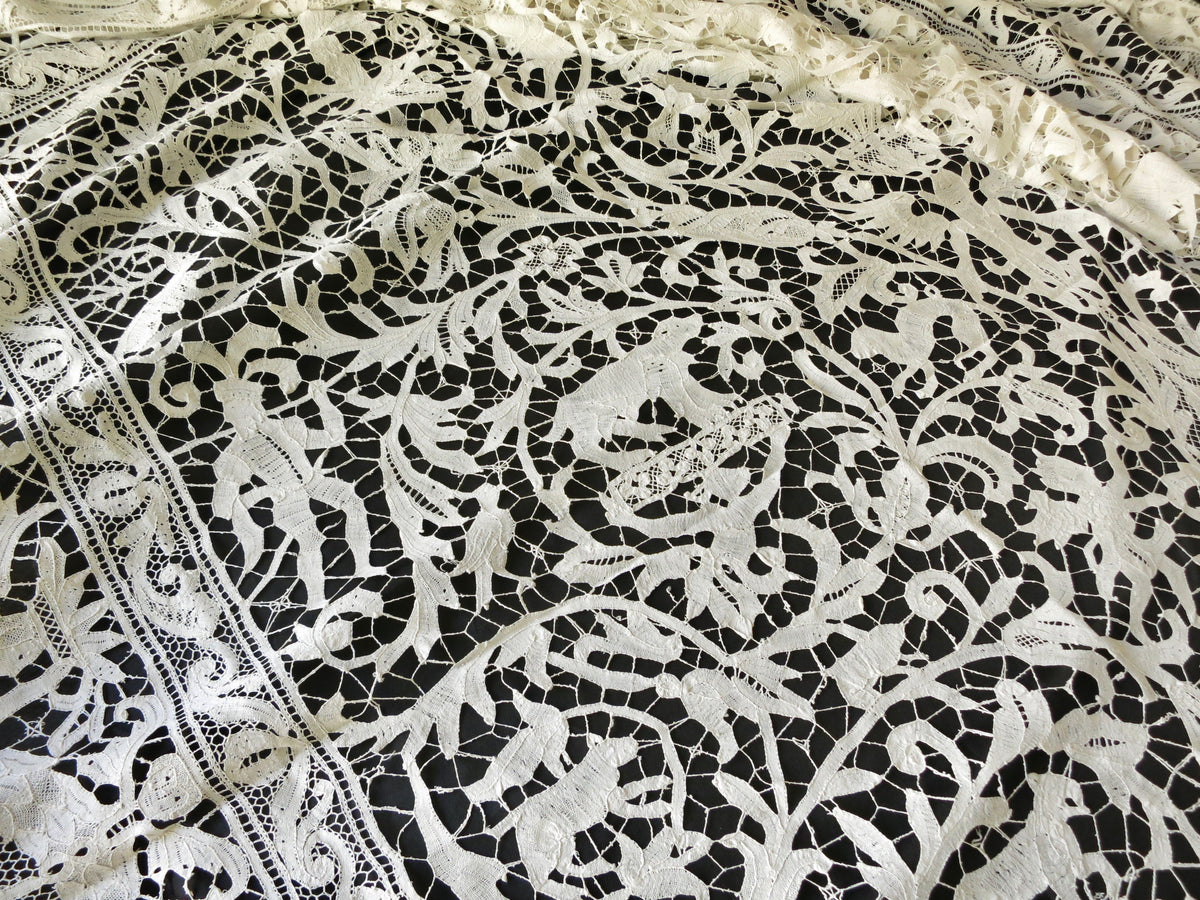 Antique Coverlet 19thC Bobbin Lace ~ Animals, Hunters &amp; Mythological Creatures