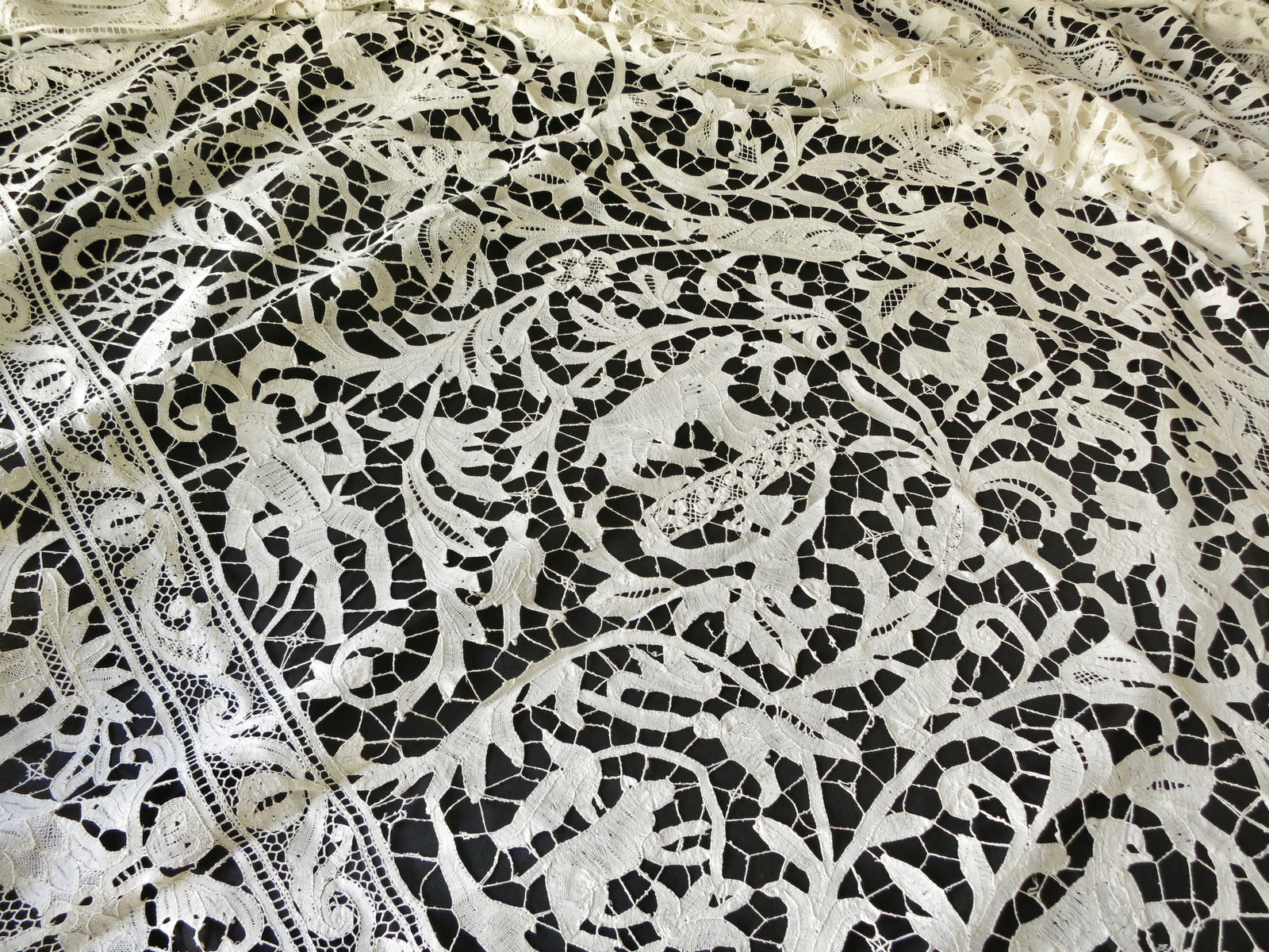 Antique Coverlet 19thC Bobbin Lace ~ Animals, Hunters & Mythological Creatures