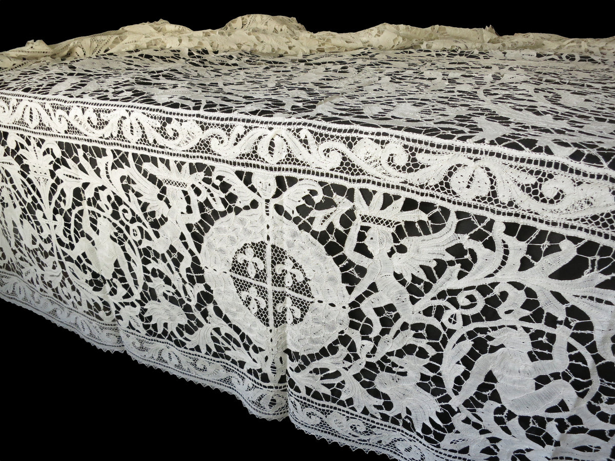 Antique Coverlet 19thC Bobbin Lace ~ Animals, Hunters &amp; Mythological Creatures