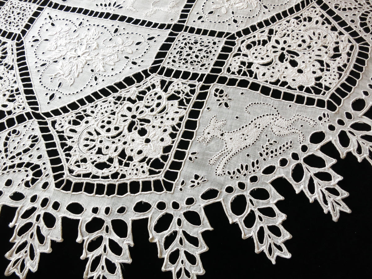 Call to the Hunt Antique French Embroidery Round Linen Tablecloth 30&quot;