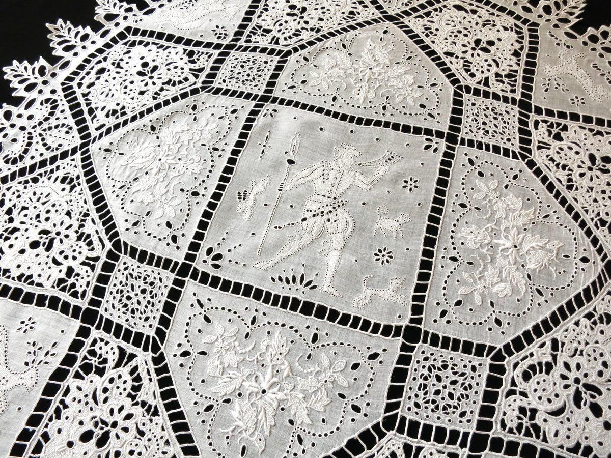 Call to the Hunt Antique French Embroidery Round Linen Tablecloth 30&quot;