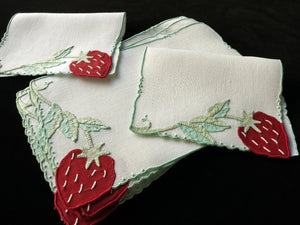 Strawberries Vintage Madeira Linen Cocktail Napkins ~ Set of 8