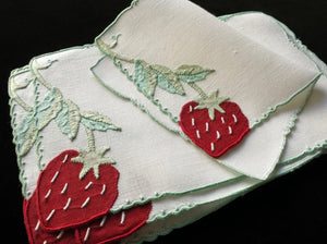 Strawberries Vintage Madeira Linen Cocktail Napkins ~ Set of 8